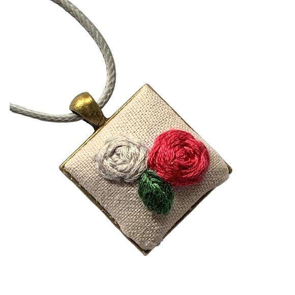 Embroidered Roses Necklace in Square Bezel - Handmade, Handstitched - Picture 2 of 5
